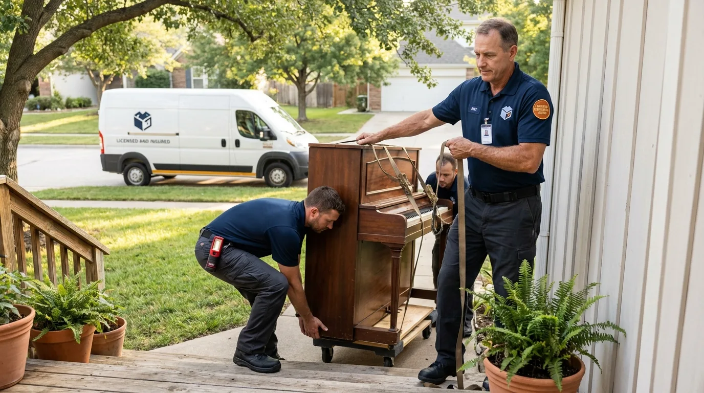 Licensed piano movers securing grand piano in Bagdad, AZ