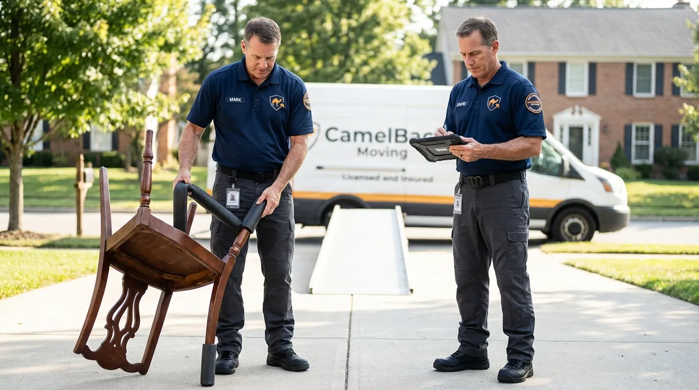 Movers inspecting furniture for damage prevention before loading in Bagdad, AZ